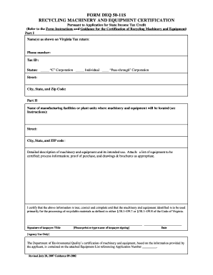 Form Deq 50 11s Recycling Machinery and Equipment Certification Deq State Va