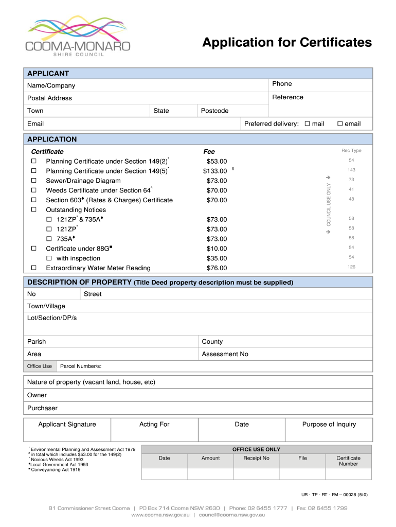  Application for Certificate  Cooma Monaro Shire Council 2000-2023