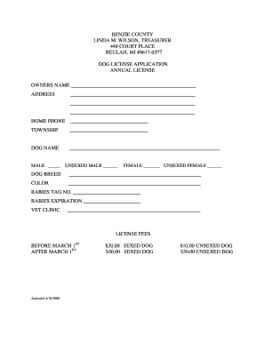 Dog License Application Benzie County Government  Form