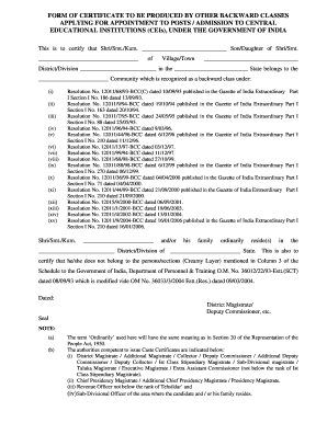 Form of Certificate to Be Produced by Other Backward Classes Applying for Appointment to Postadmission to Central Educational in