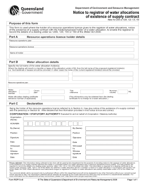 ROP13 Notice to Registrar of Water Allocations of Existence of Supply Contract This Form is Used Where the Holder of a Resource 