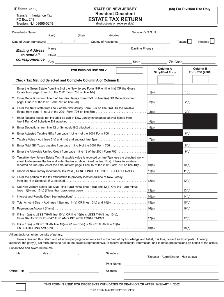 Get and Sign New Jersey Estate  Form 2012