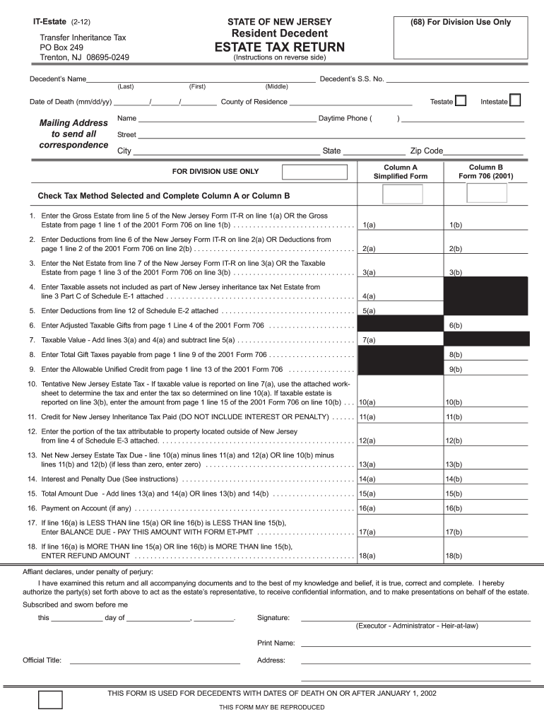  New Jersey Estate  Form 2012