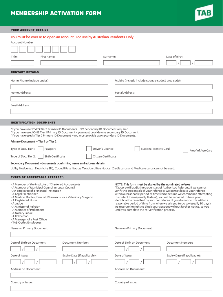 Tab Membership Activation Form