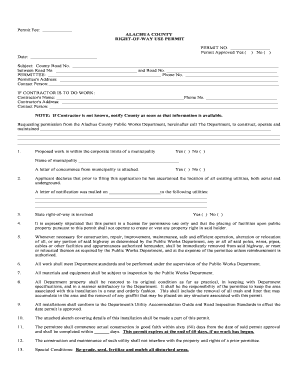 Right of Way Use Permit Application Alachua County Florida Alachuacounty  Form