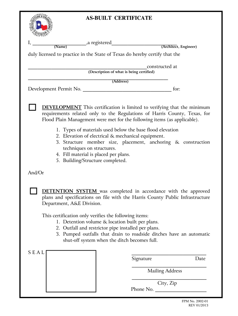  Harris County as Built Certificate 2013-2024