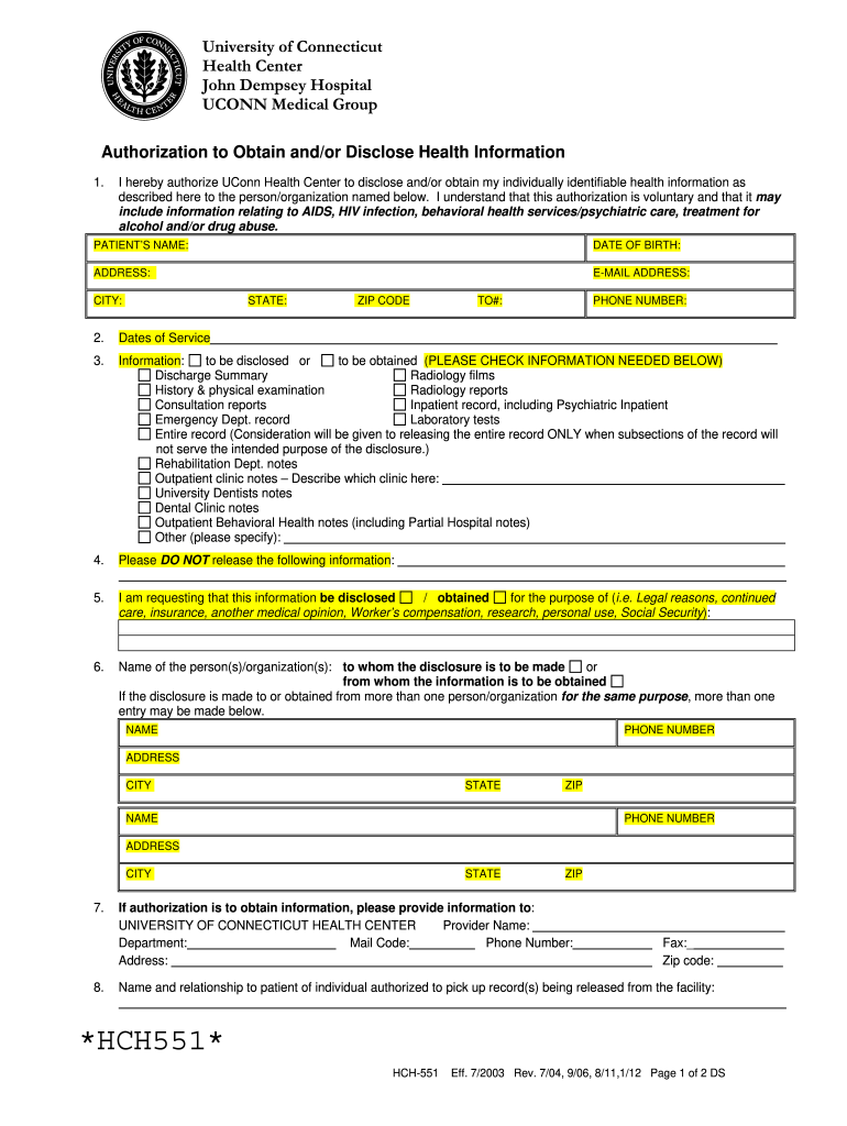  HCH 551  Authorization to Obtain and or Disclose Health Information PDF DOC 2012