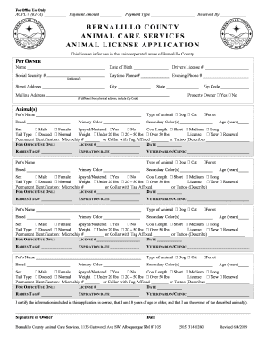 Animal Care Services Animal License Application Bernalillo County Bernco  Form