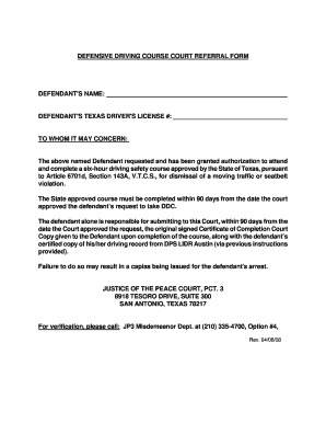 Defensive Driving Certificate PDF  Form