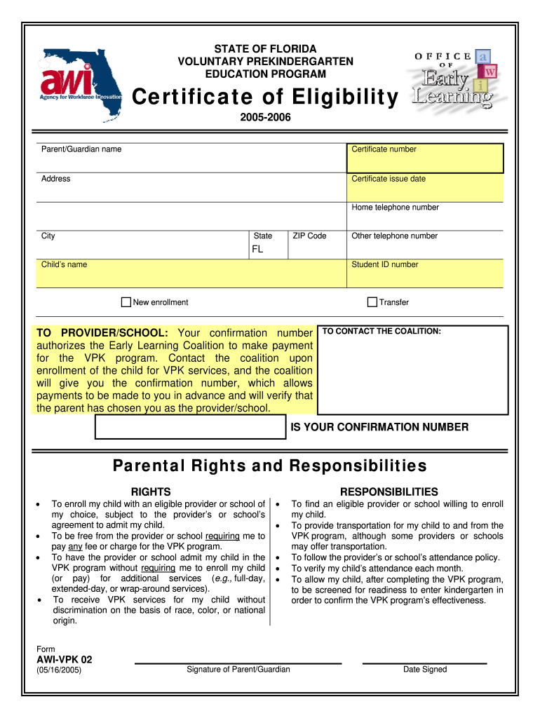 Form AWI VPK 02 Eligibility Certificate DOC