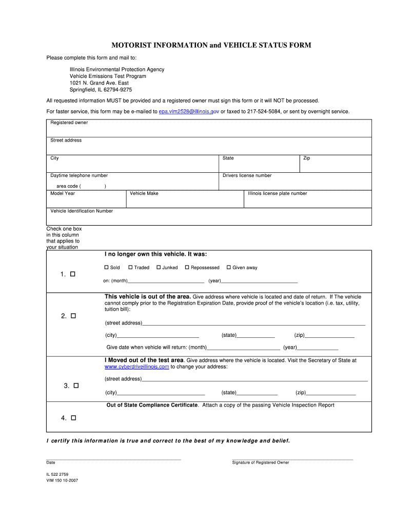  Illinois Motorist Information and Vehicle Status Form Epa 2007