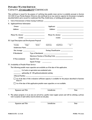Potable Water Capacity Availability Certificate Form Brevard County
