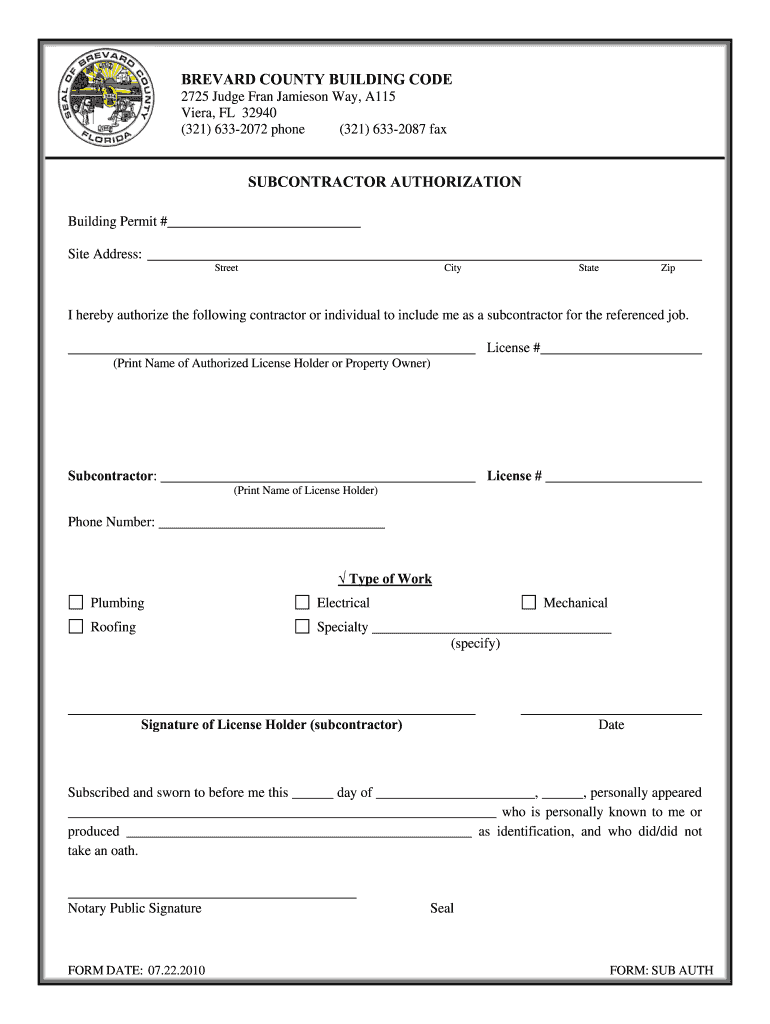  Brevard County Subcontractor Authorization Form 2010-2024