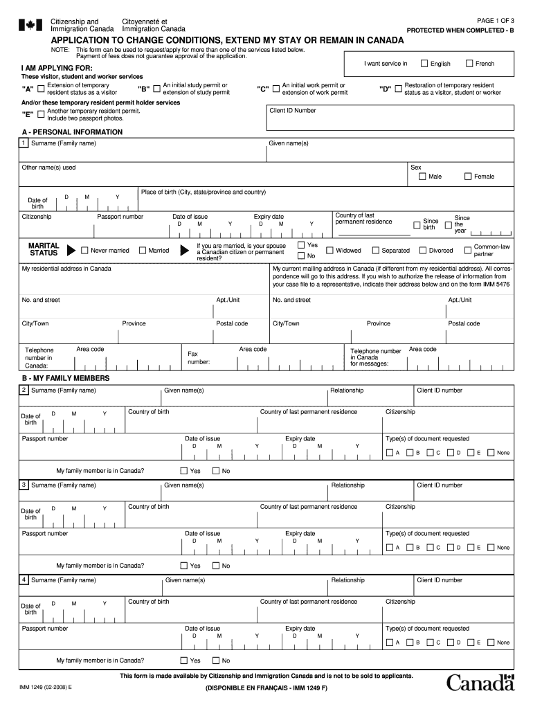  IMM 1249E APPLICATION to CHANGE CONDITIONS, EXTEND 2008