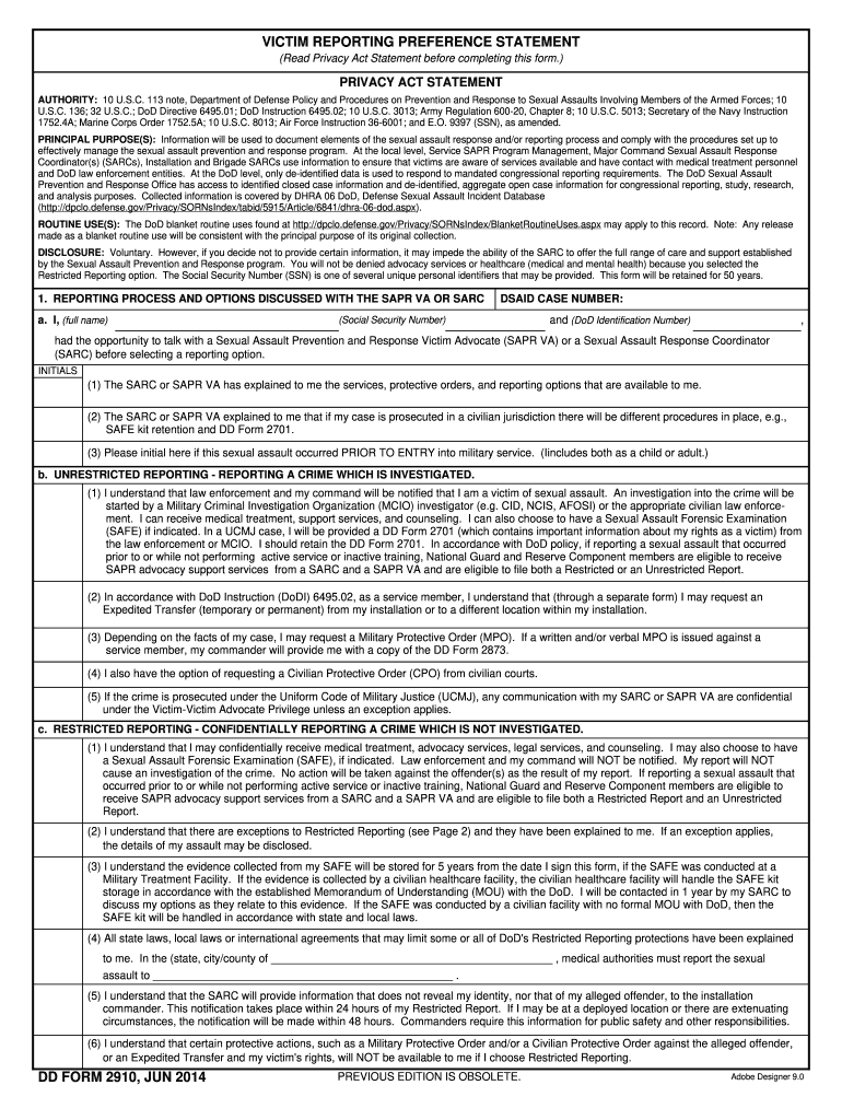  Dd Form 2910 2014-2024