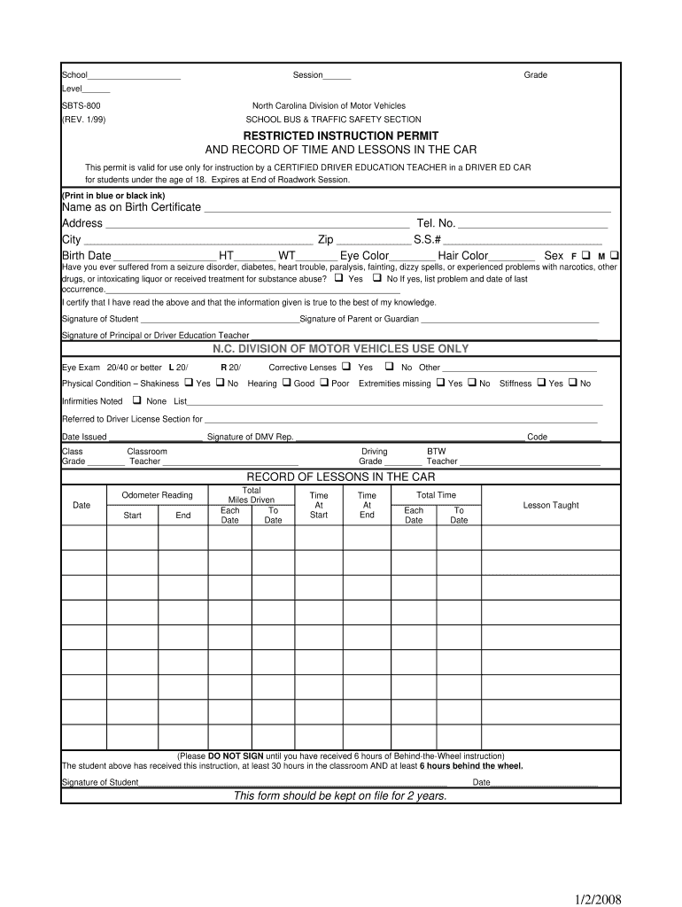  Nc Restricted Instruction Permit Form 2008-2024