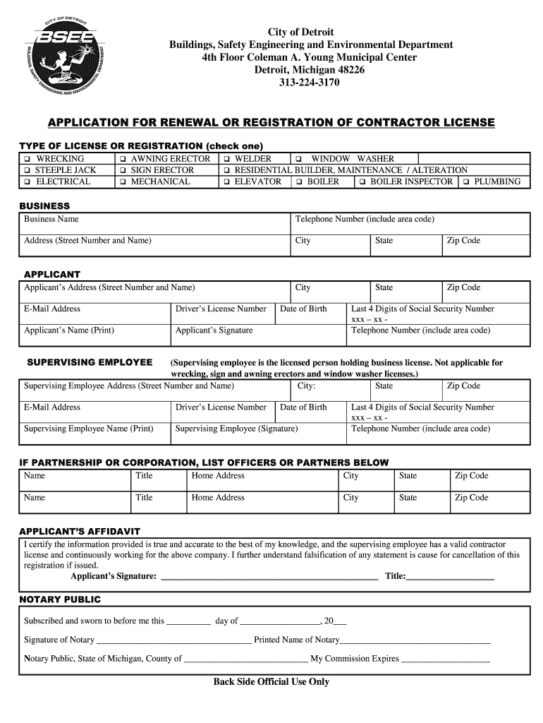  City of Detroit Application for Renewal or Registration of Contractor License 2010-2024