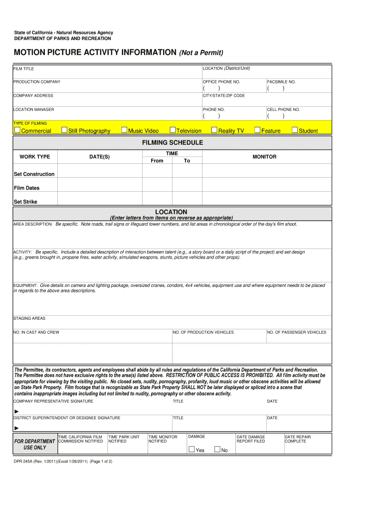MOTION PICTURE ACTIVITY INFORMATION  California State    Parks Ca