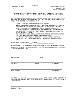 Sworn Affidavit for Driving Safety Course Randall County Randallcounty  Form