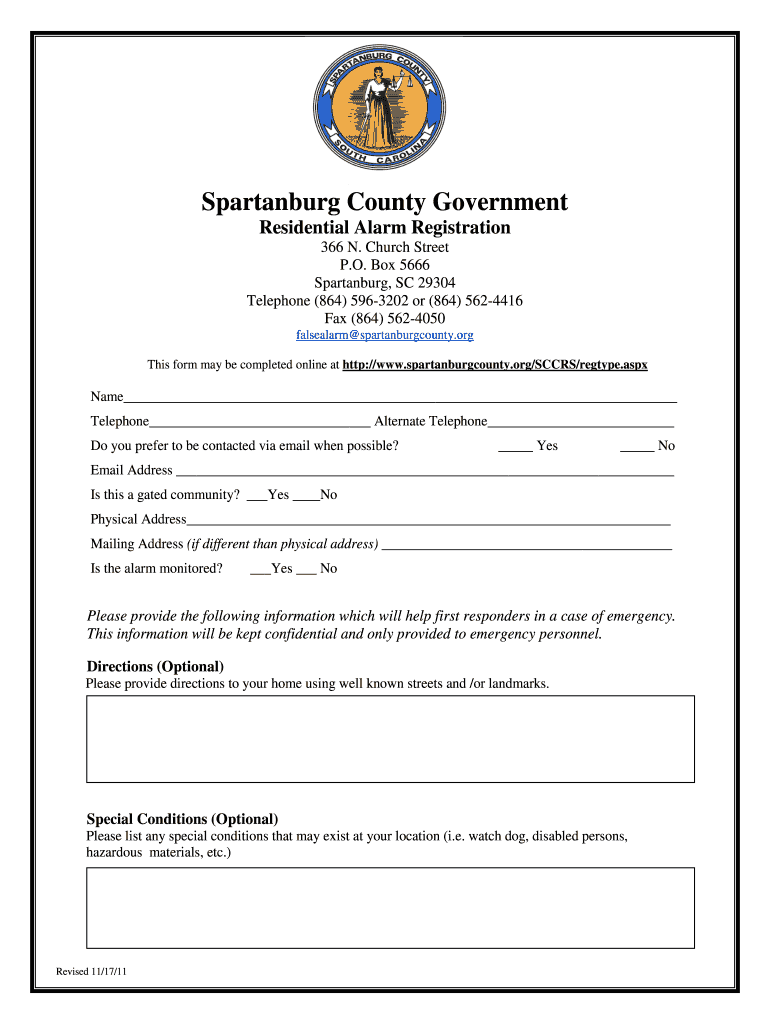Get and Sign Spartanburg County Government Residential Alarm Registration  Spartanburgcounty 2011-2022 Form