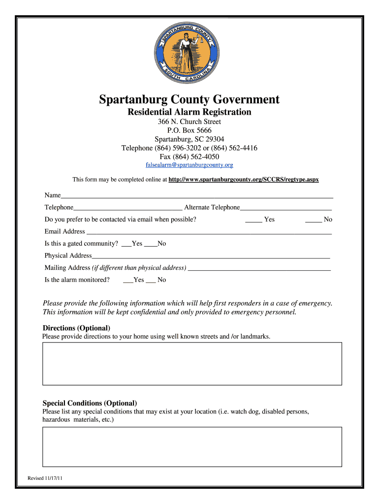  Spartanburg County Government Residential Alarm Registration  Spartanburgcounty 2011