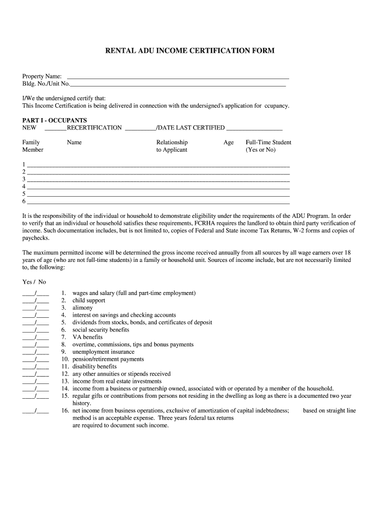 Rental Adu Income Certification Form