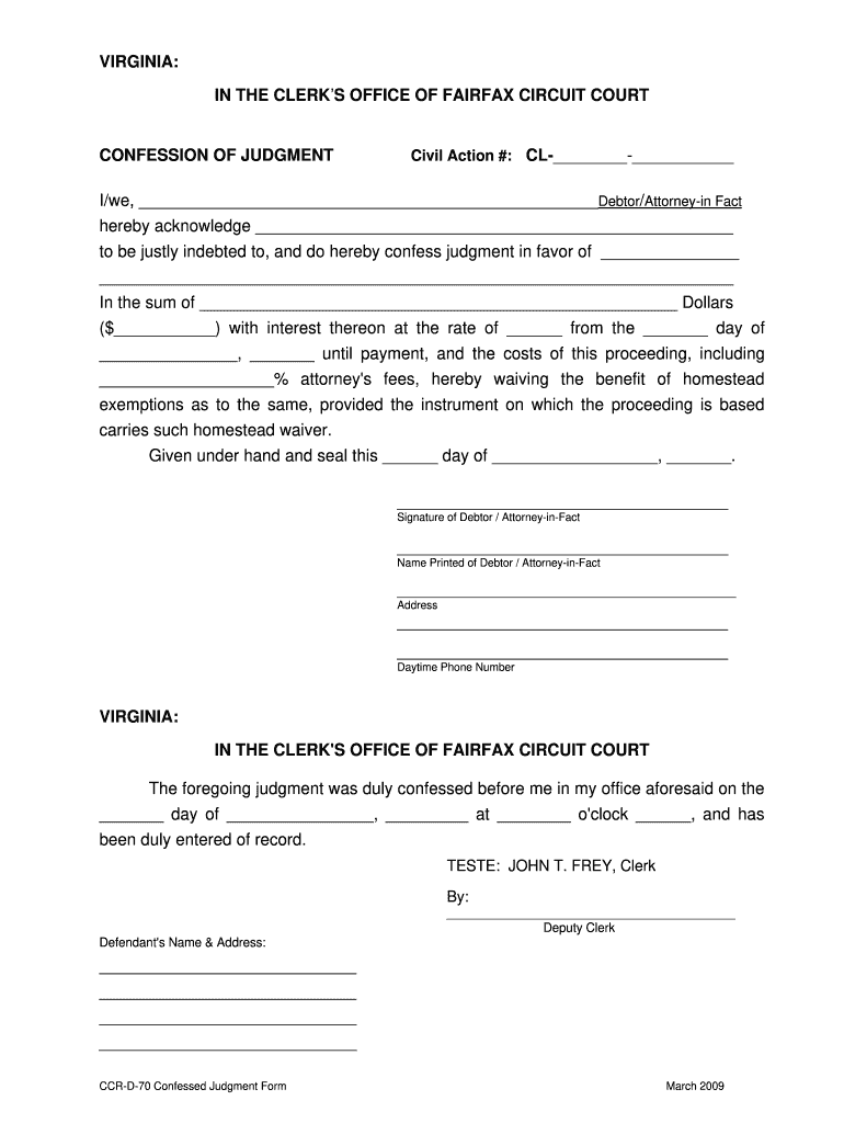 Virginia Confession of Judgment  Form