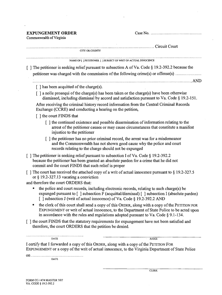  Expungement Order Form CC 1474 Fairfax County Government Fairfaxcounty 2013