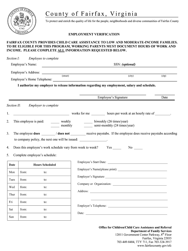 Request Prior Employment Verifictation from Fairfax County Va  Form