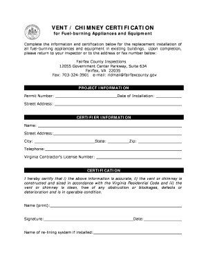 Fairfax County Chimney Vent Certification  Form