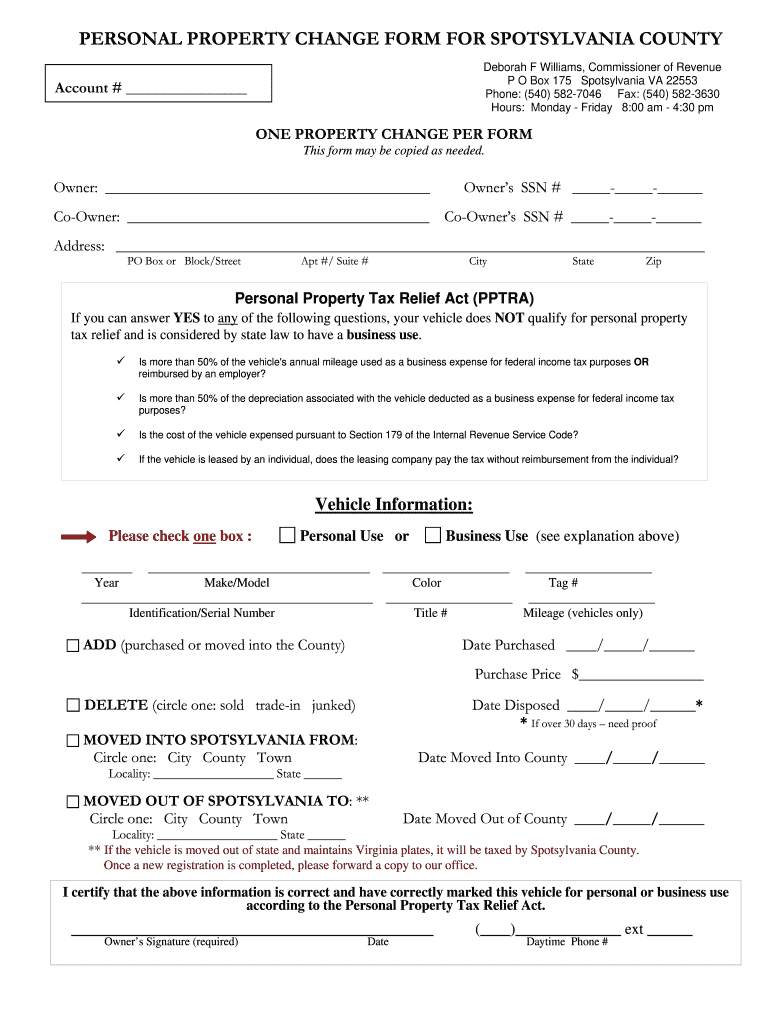 Spotsylvania Va Personal Property Tax Change Form