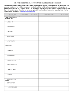 St Johns County Product Approval Specification Sheet Co St Johns Fl  Form