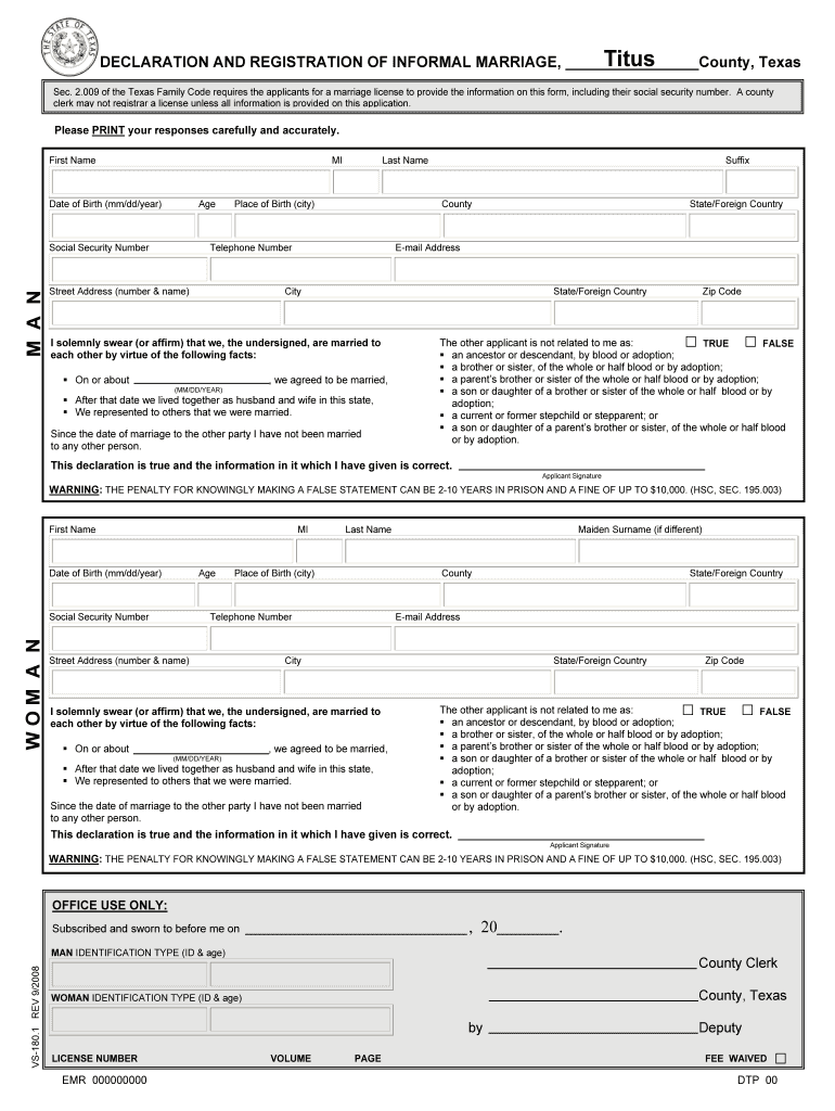  Texas Declaration of Informal Marriage Form 2008