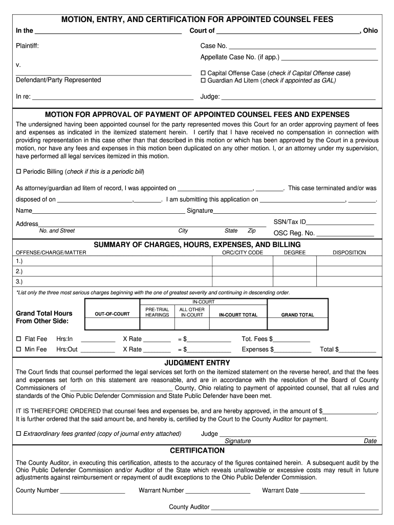 Motion Entry and Certification for Appointed Counsel Fees  Form