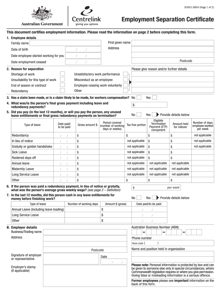 Separation Certificate  Form