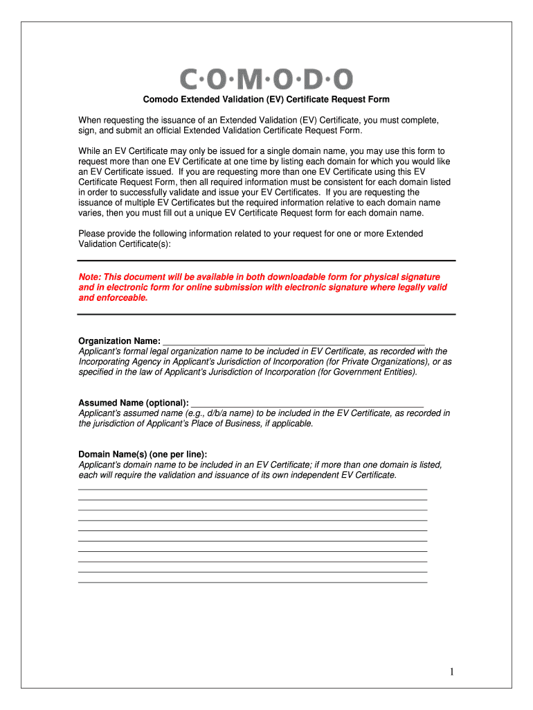 Comodo Extended Validation EV Certificate Request Form When    En Gandi