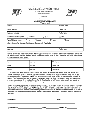 Alarm Permit Application Penn Hills Police Department Pennhills  Form