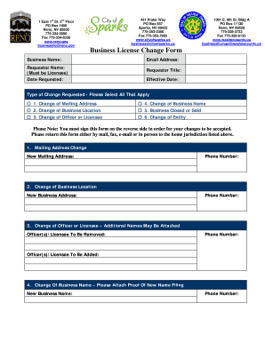 Business License Change Form Washoe County, Nevada