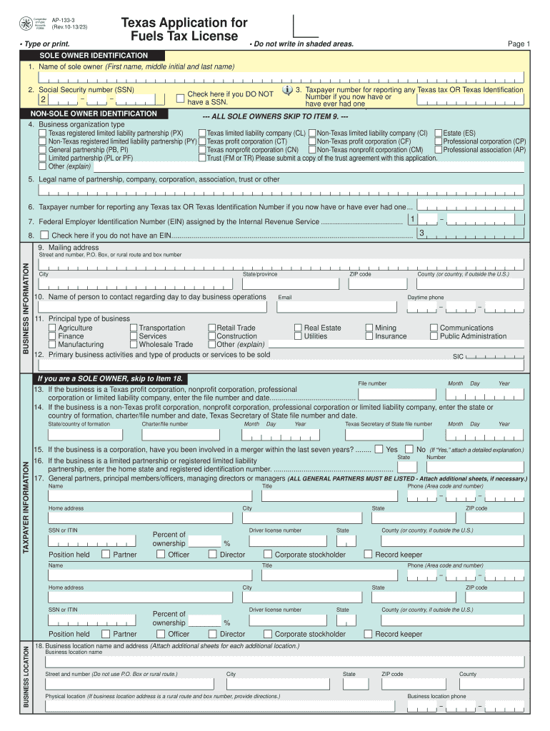  AP 133 Texas Application for Fuels Tax License Texas Comptroller Window State Tx 2019-2024