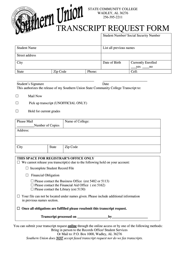 Southern Union State Community College Transcript Request  Form