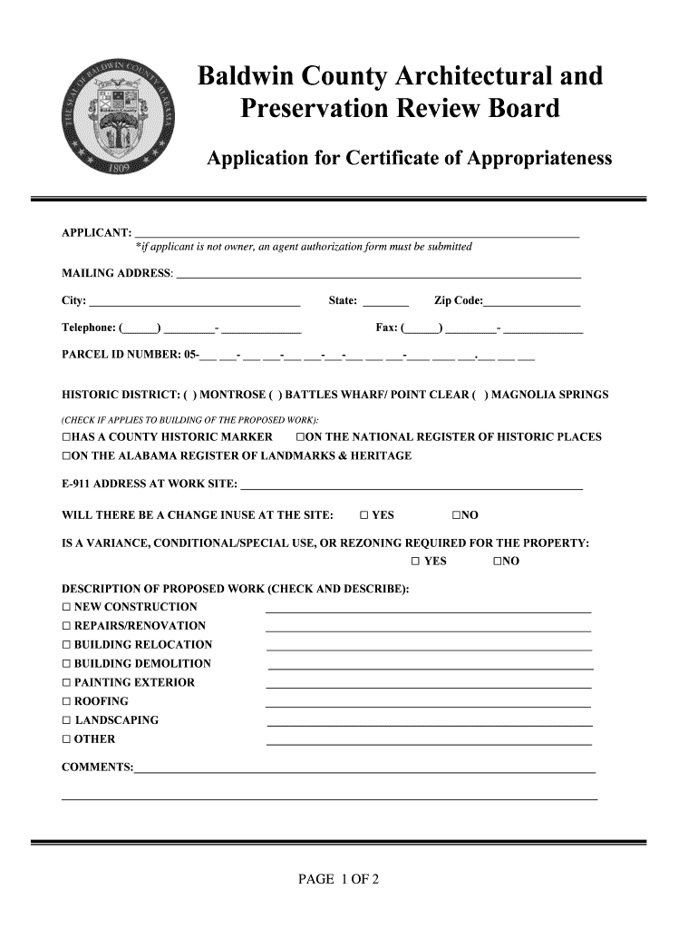 Application for Certificate of Appropriateness  Baldwin County  Form