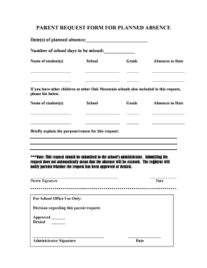 Parent Request Form for Planned Absence Shelby County Schools Shelbyed K12 Al