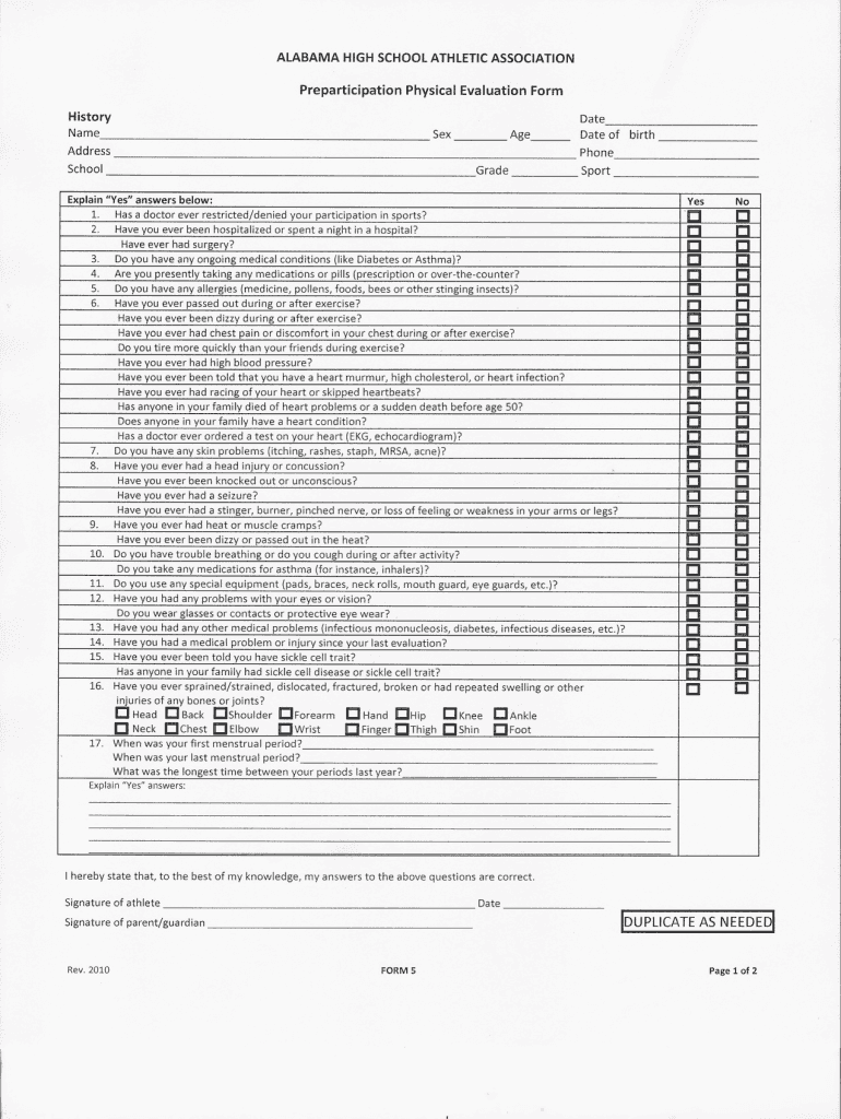  Alabama High School Athletic Association Preparticpation Physical Evaluation Form 2010-2024