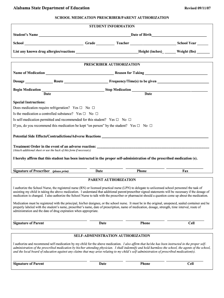 Alabama School Medication Form