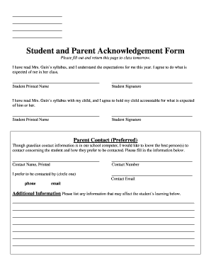 Parent Acknowledgement Form
