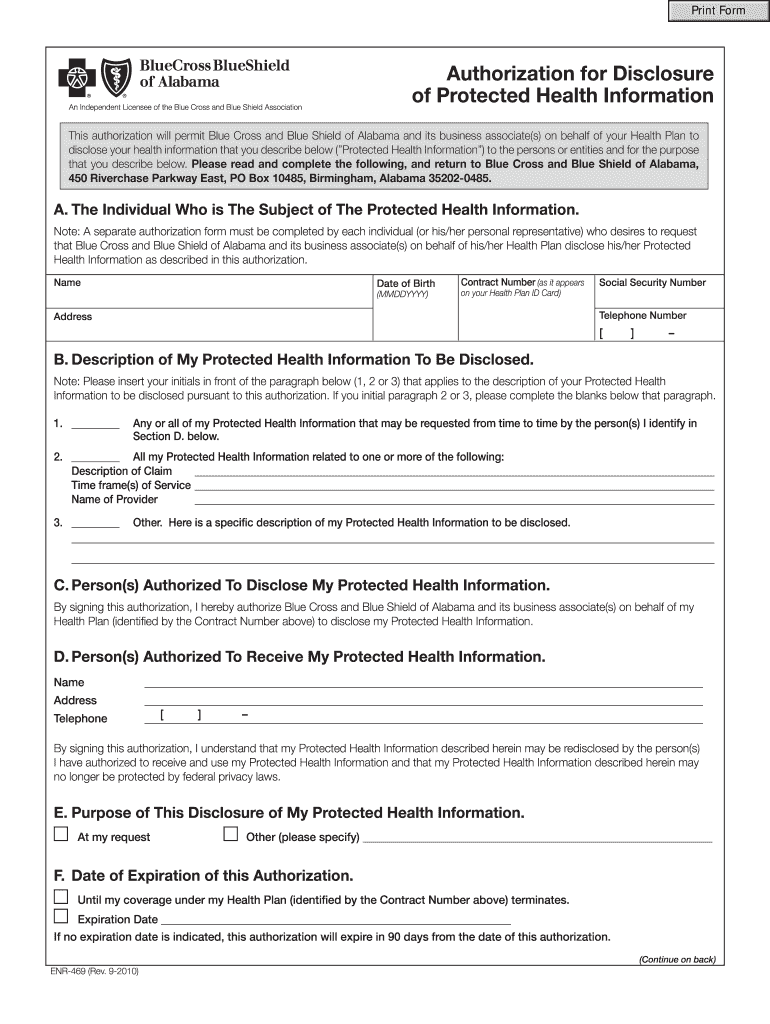  Bcbs of Alabama Authorization for Disclosure of Protected Health Information Form 2010