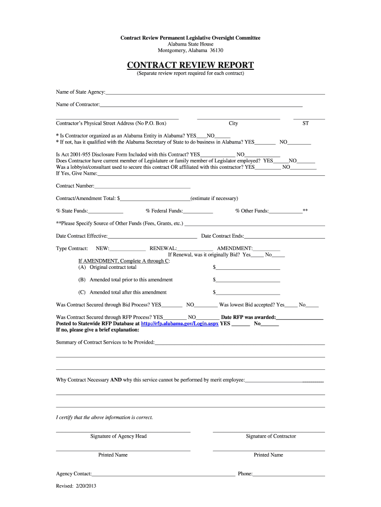  Contract Review Report Form  Alabama Legislature  Legislature State Al 2013