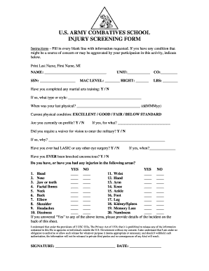 INJURY SCREENING FORM U S Army Me Ngb Army