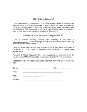 MCLE Regulation 2 7 Attorney Claim for MCLE Regulation 2 7 Alabar  Form