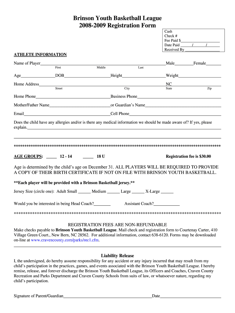 Brinson Youth Basketball League Registration Form